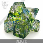 Biodome Dice Set from DNDDICE.COM with colorful polyhedral dice for tabletop gaming and role-playing games.