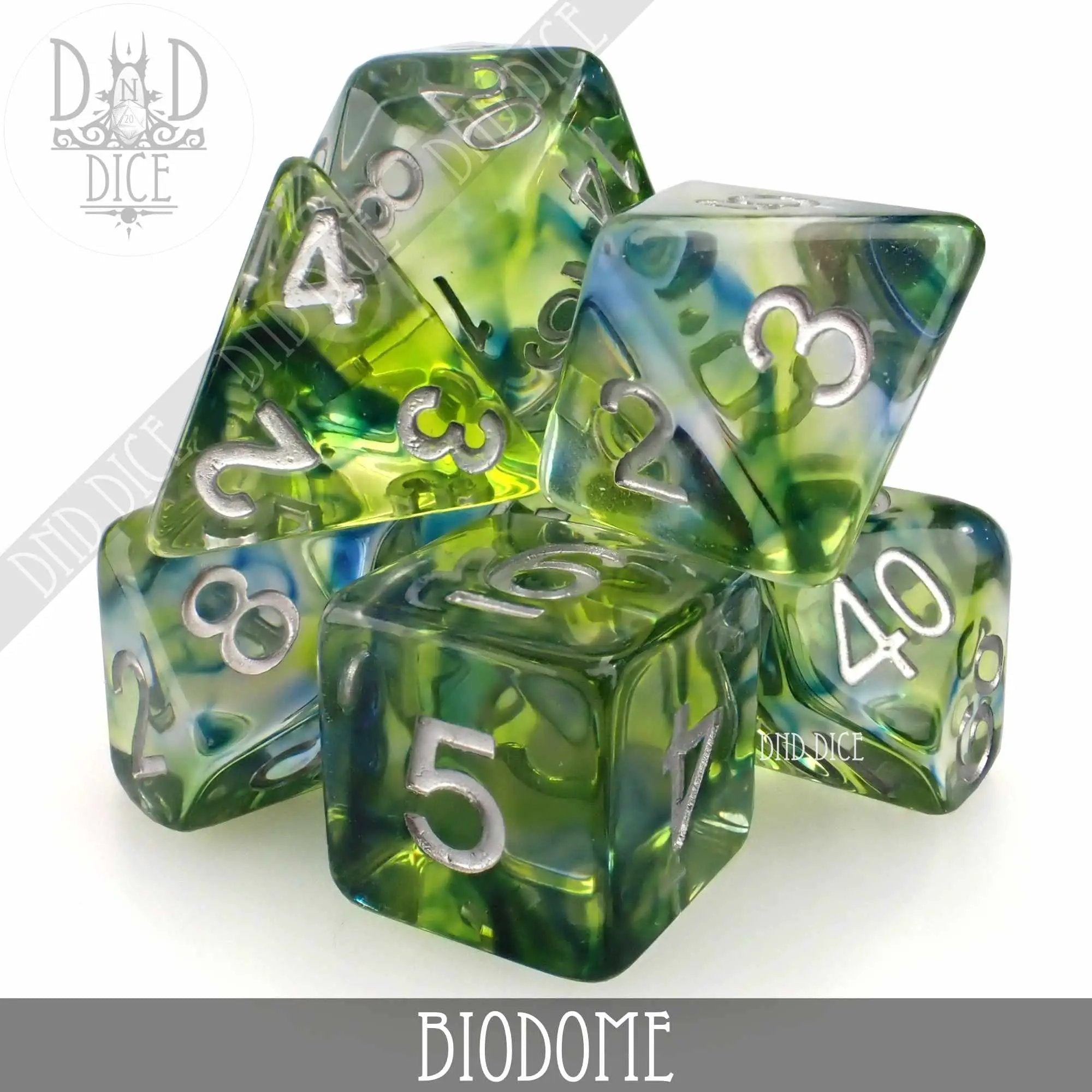 Biodome Dice Set from DNDDICE.COM with colorful polyhedral dice for tabletop gaming and role-playing games.