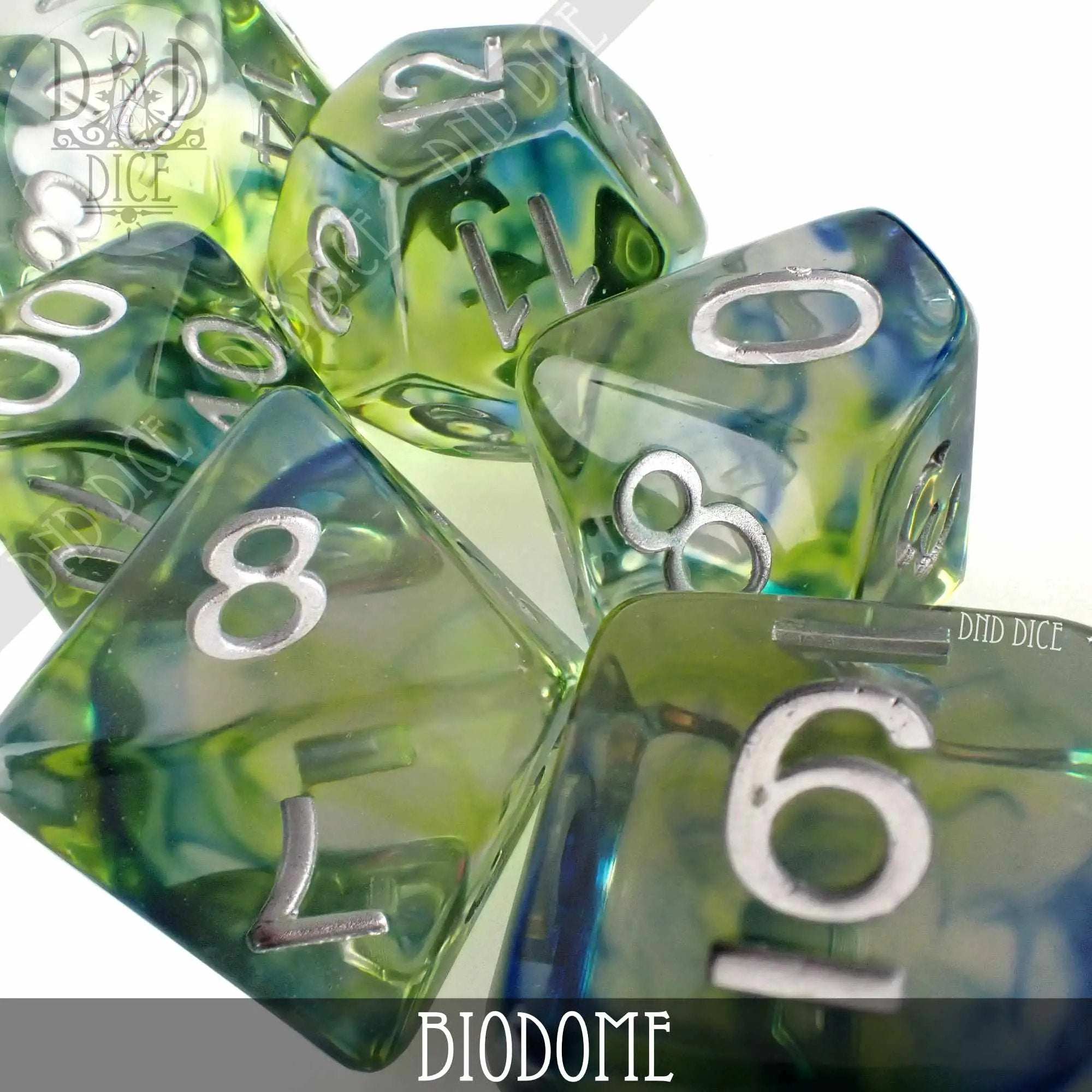 Biodome Dice Set from DNDDICE.COM featuring colorful, geometric dice for tabletop games and role-playing adventures.