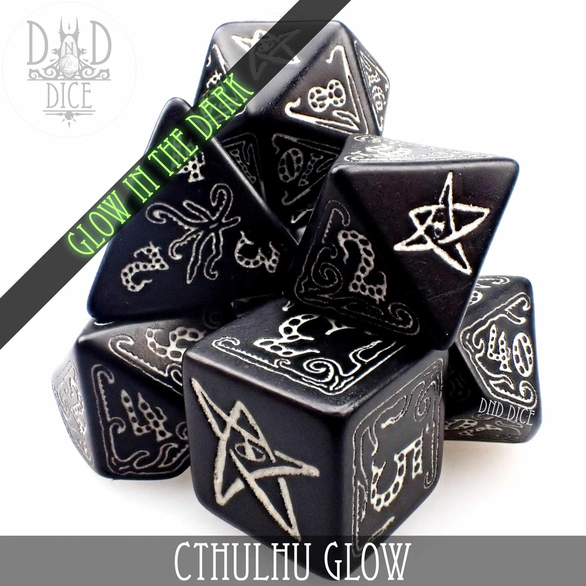 Glow in the dark Cthulhu-themed dice set from DNDDICE.COM with various colorful polyhedral dice for tabletop gaming.