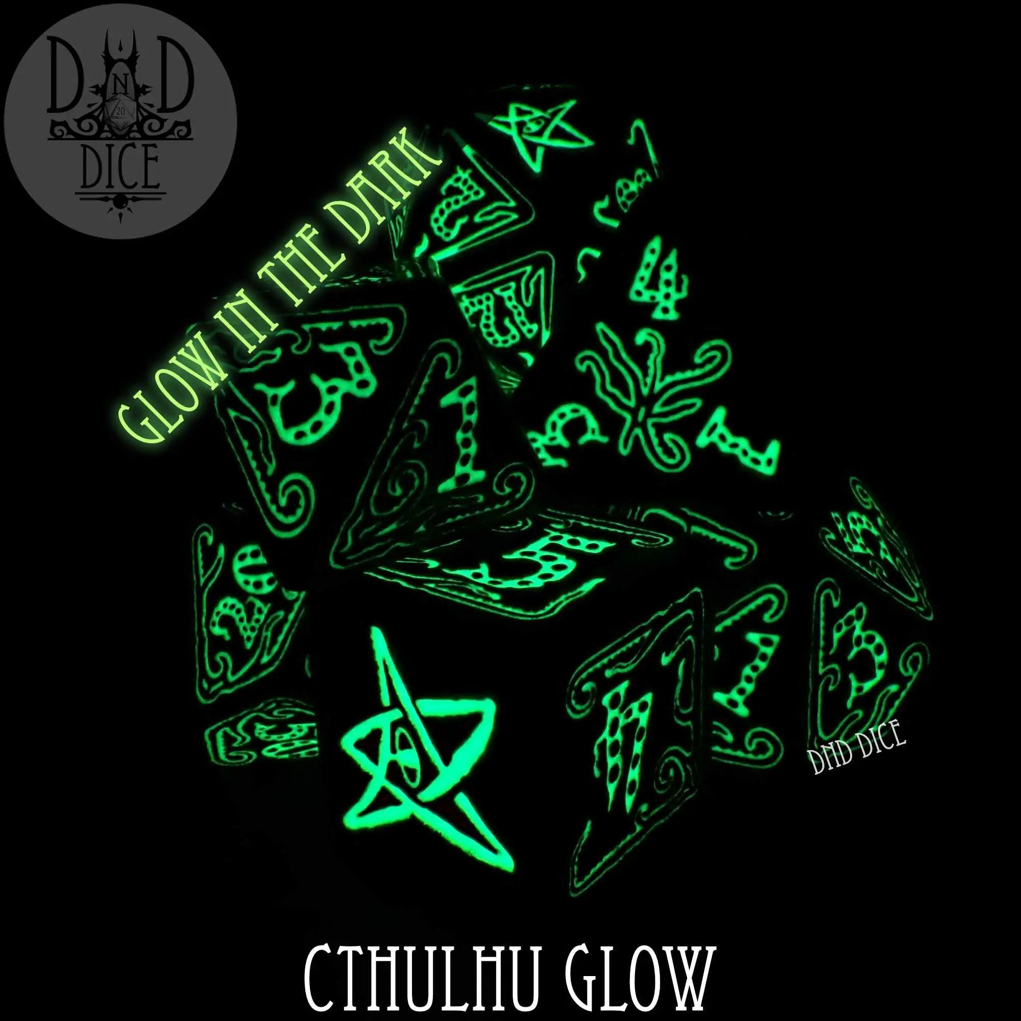Glow in the dark Cthulhu-themed dice set by DNDDICE.COM, featuring multi-colored polyhedral dice for tabletop gaming.