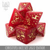 Christmas 2022 dice set from DNDDICE.COM featuring festive red, green, and gold dice for tabletop gaming and holiday fun.