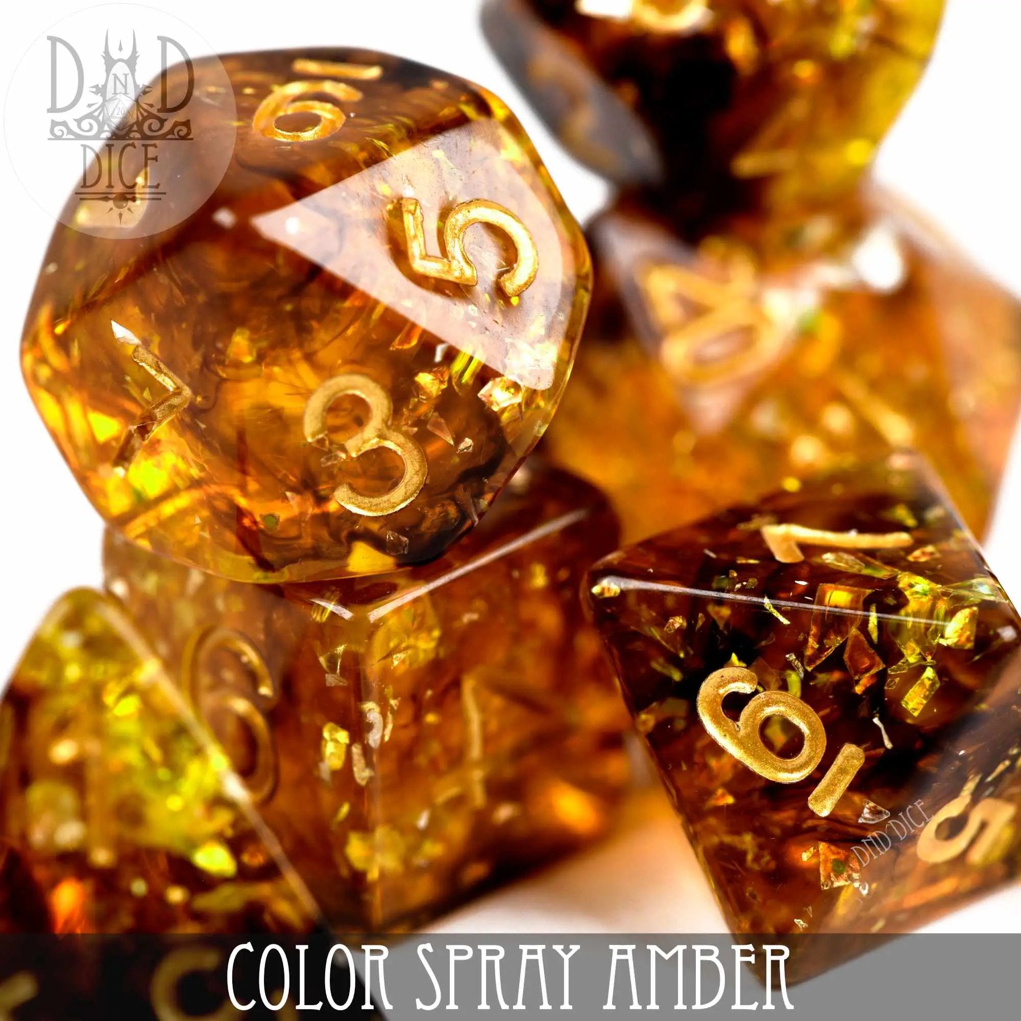 Color spray amber dice set from DNDDICE.COM featuring vibrant, multi-colored polyhedral dice for tabletop gaming.