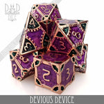 Metal dice set from Devious Device by DNDDICE.COM, featuring a variety of precision-crafted gaming dice in metallic finish.