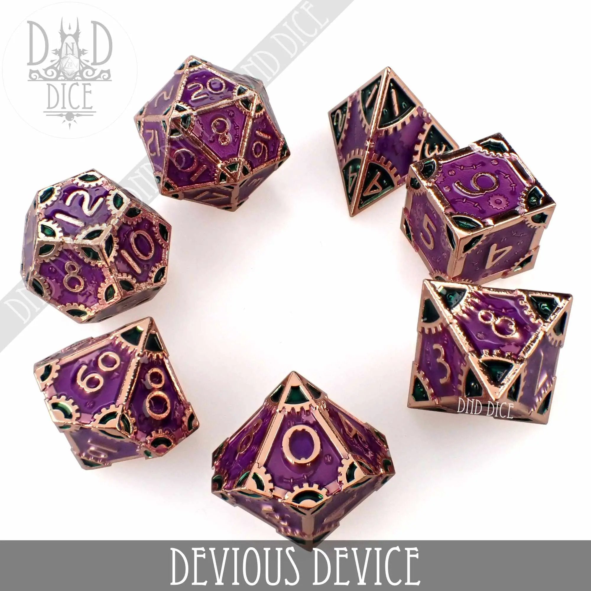 Metal dice set for tabletop gaming with a devious design, featuring multiple polyhedral dice in a durable finish by DNDDICE.COM