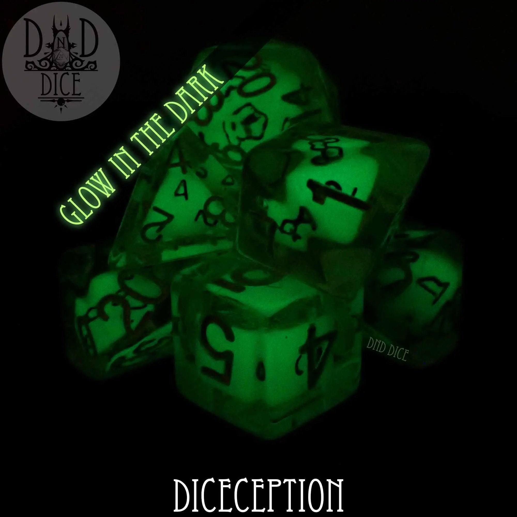 Glow-in-the-dark dice set by DNDDICE.COM featuring colorful polyhedral dice for tabletop gaming and role-playing games.
