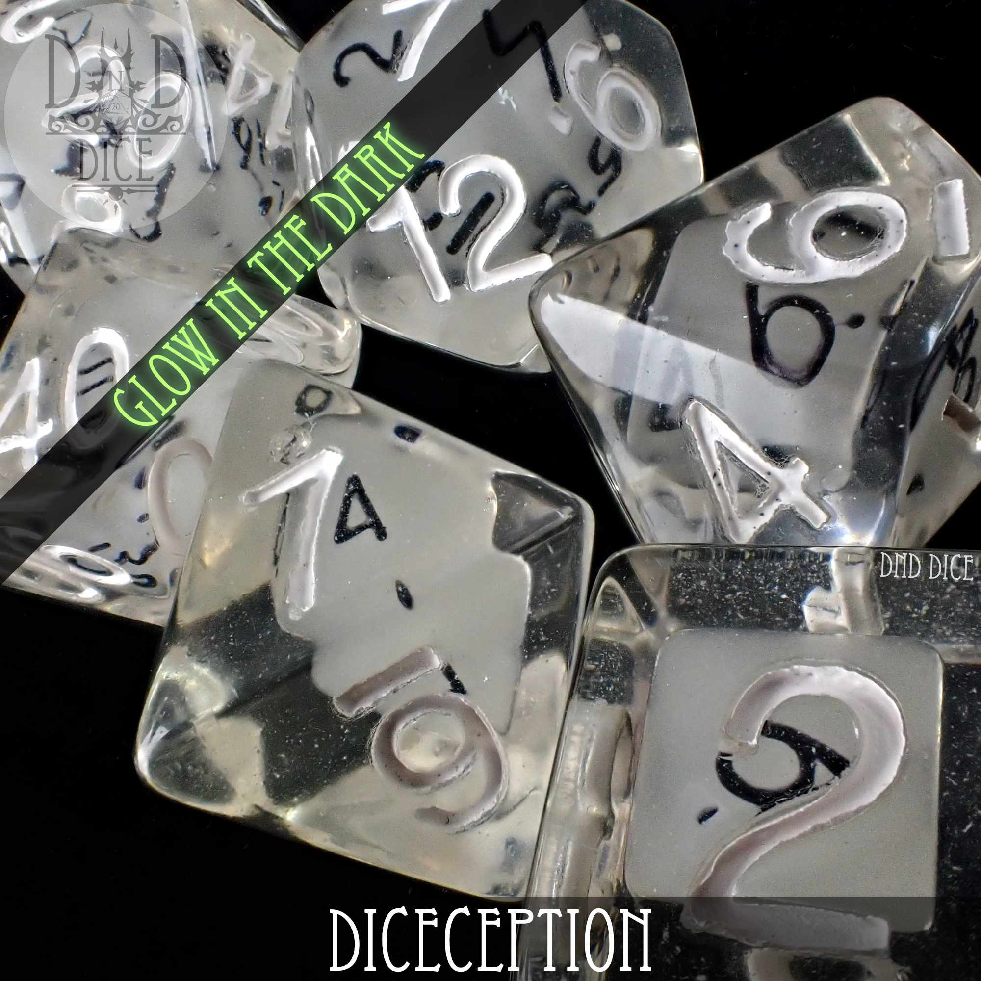 Glow in the dark dice set from Diceception by DNDDICE.COM, featuring colorful polyhedral gaming dice for tabletop games.