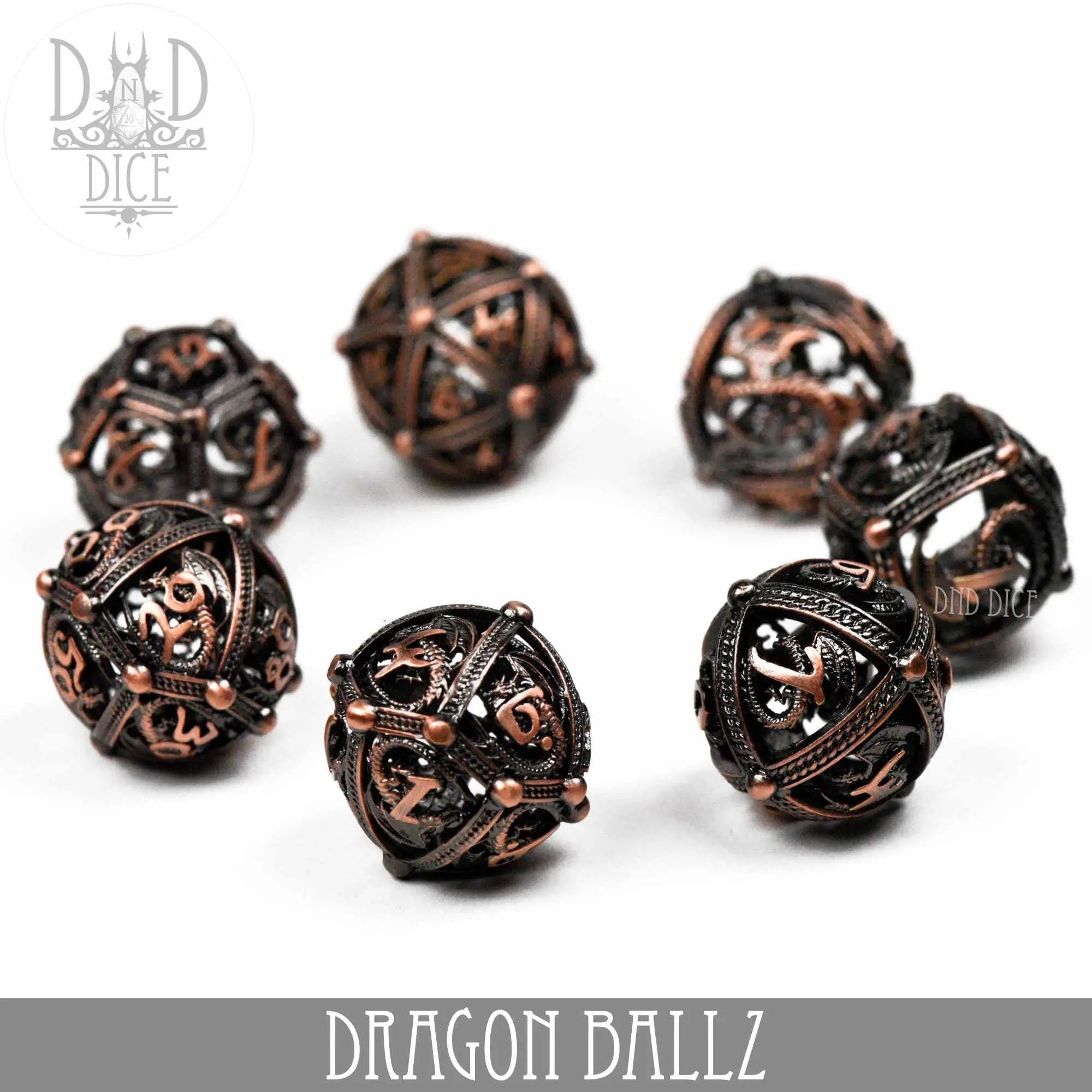 Dragon Ball Z metal dice set in gift box, featuring six-sided dice with Dragon Ball Z themed designs for tabletop gaming.