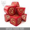 Dragon Modern Ruby Dice Set from DNDDICE.COM featuring vibrant red polyhedral dice for tabletop gaming and role-playing games.