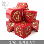 Dragon Modern Ruby Dice Set from DNDDICE.COM featuring vibrant red polyhedral dice for tabletop gaming and role-playing games.