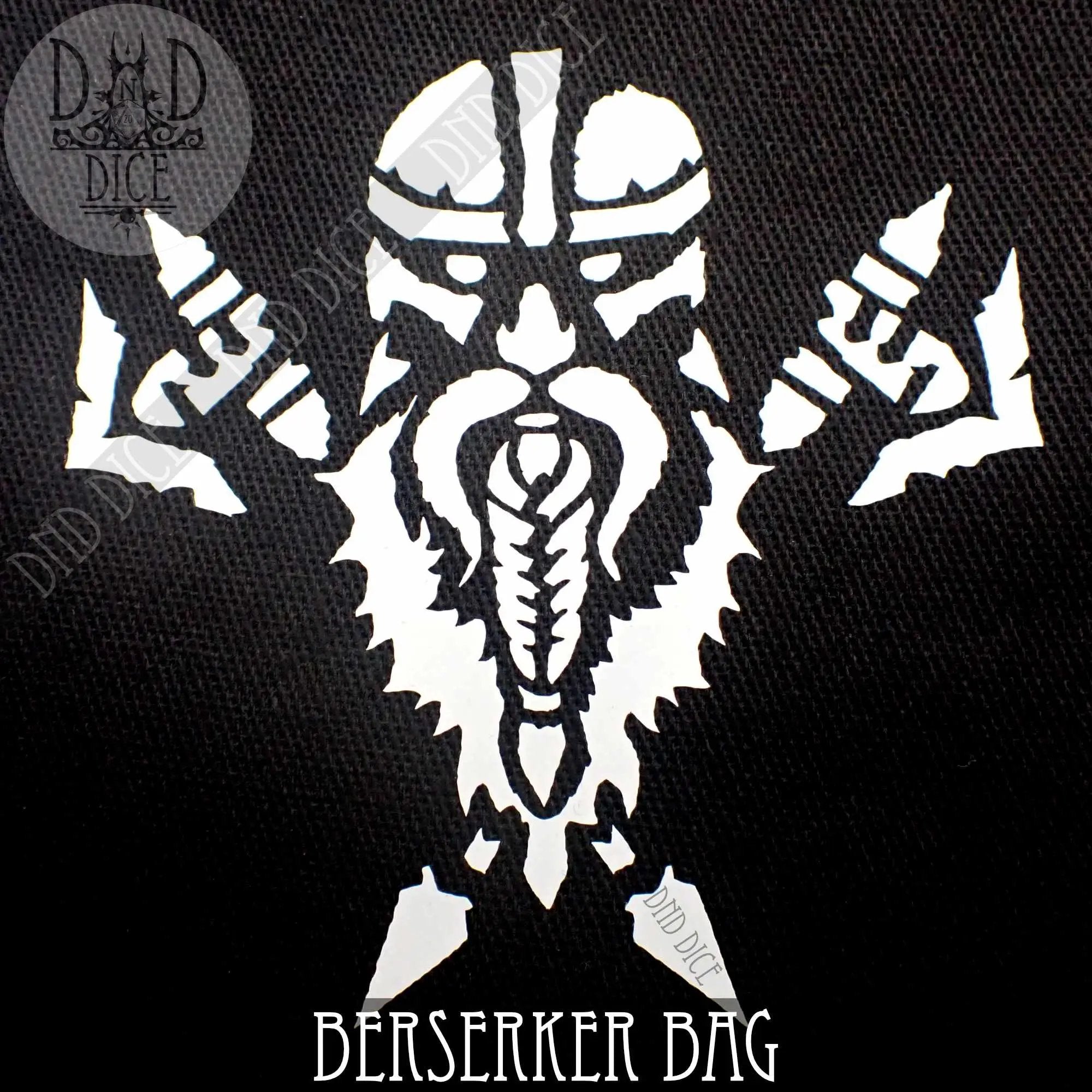 Black and white Dwarven-themed dice bag featuring intricate design, perfect for storing game dice from DNDDICE.COM.