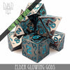 Metal Elder Glowing Gods dice set from DNDDICE.COM, featuring glowing, detailed design for tabletop gaming and role-playing games.