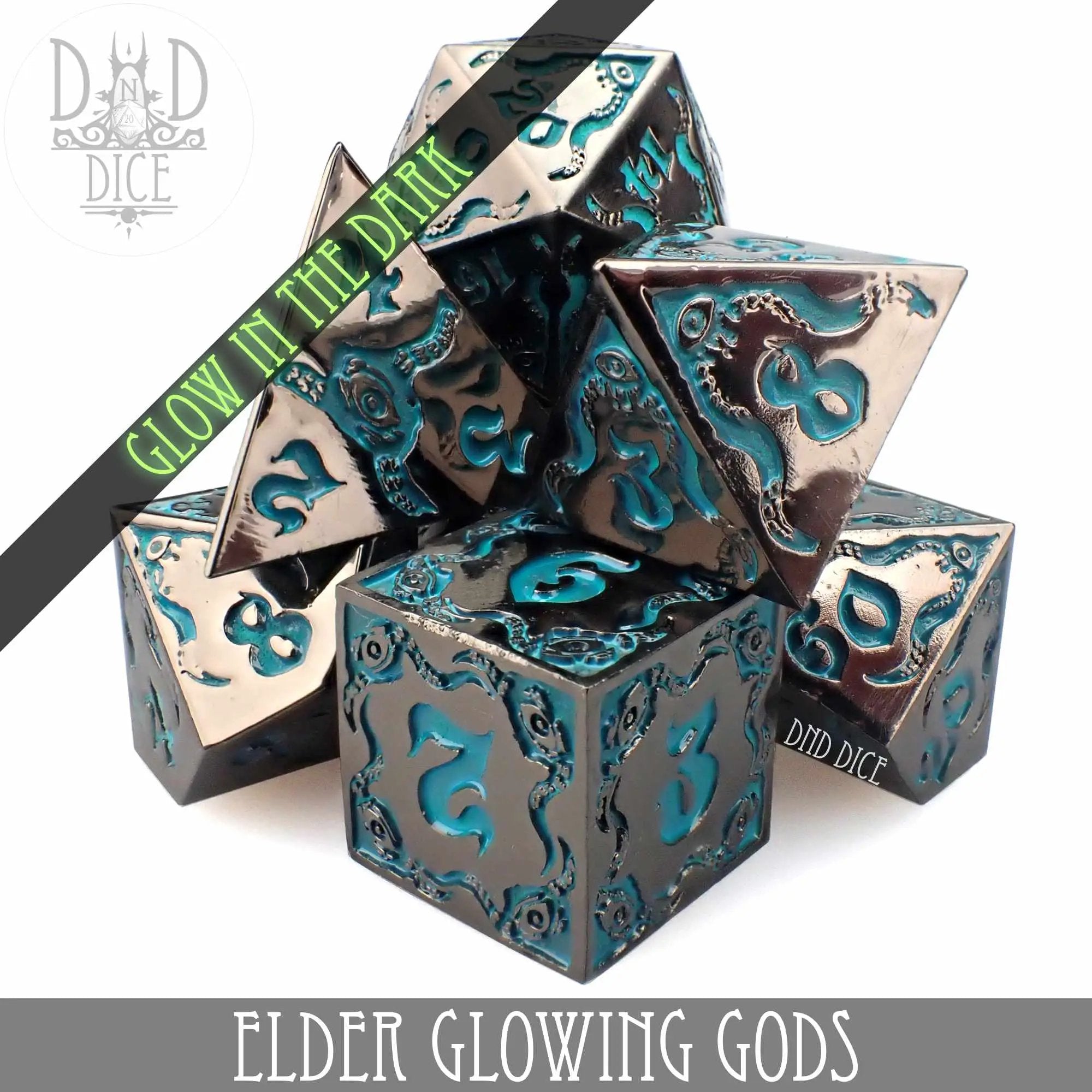 Metal Elder Glowing Gods dice set from DNDDICE.COM, featuring glowing, detailed design for tabletop gaming and role-playing games.