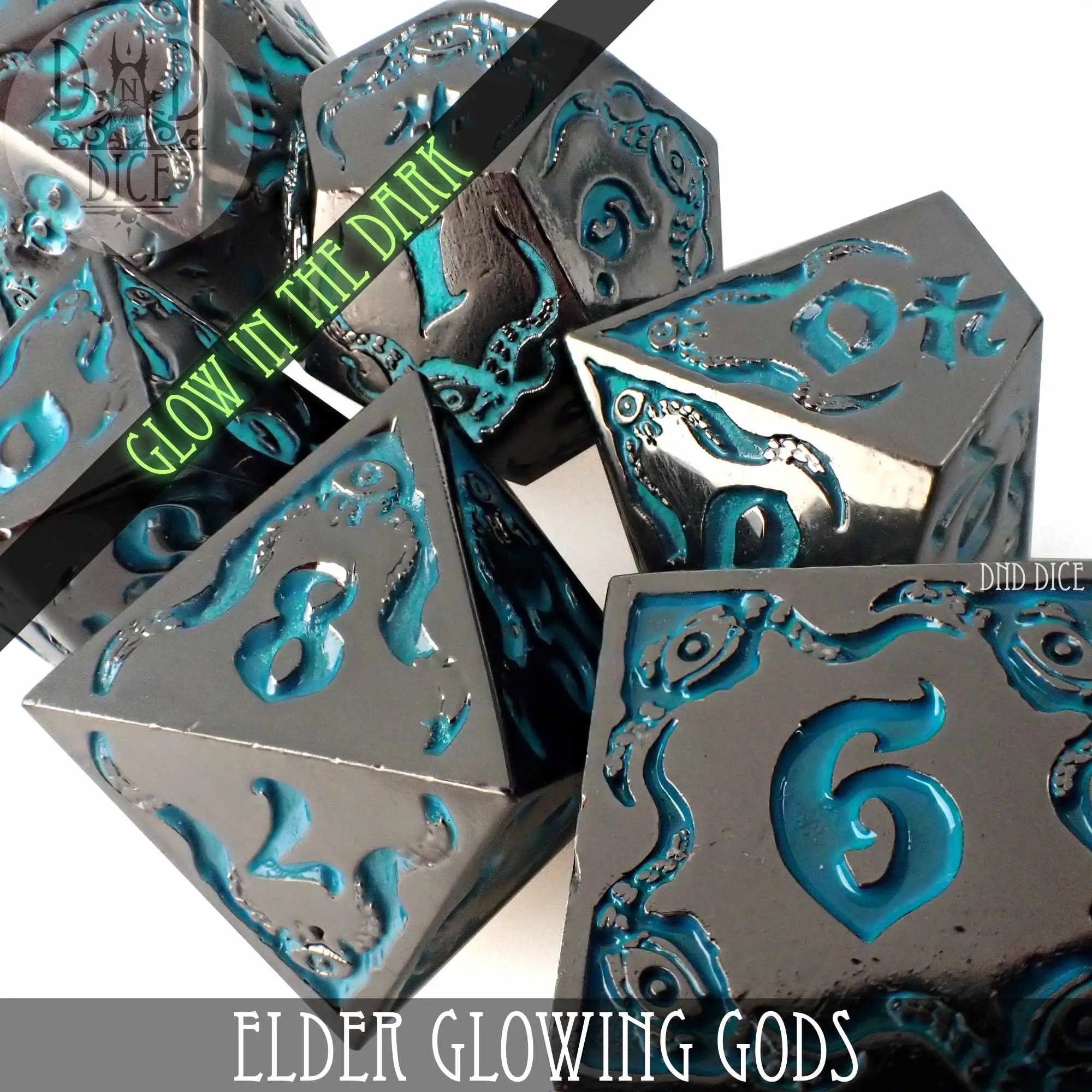 Elder Glowing Gods metal dice set with intricate designs, perfect for tabletop games, by DNDDICE.COM.