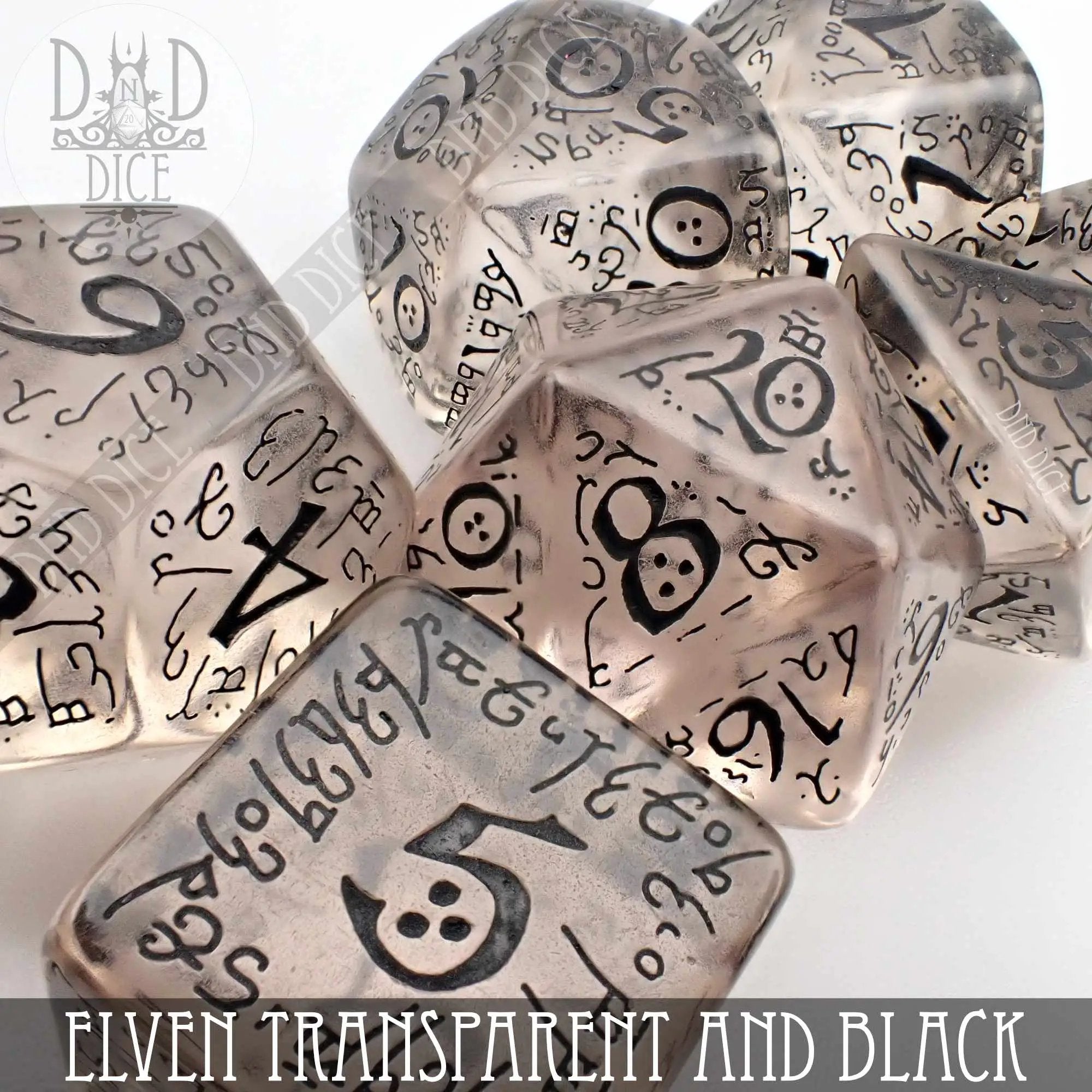 Elven transparent and black dice set from DNDDICE.COM, featuring clear and dark dice for tabletop games and role-playing adventures.