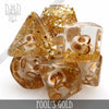 Fool's Gold dice set with shiny gold-colored polyhedral dice for tabletop games, displayed on a white background.