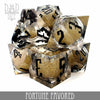Fortune Favored Liquid Core Dice Set with colorful numeric dice for tabletop gaming, by DNDDICE.COM.