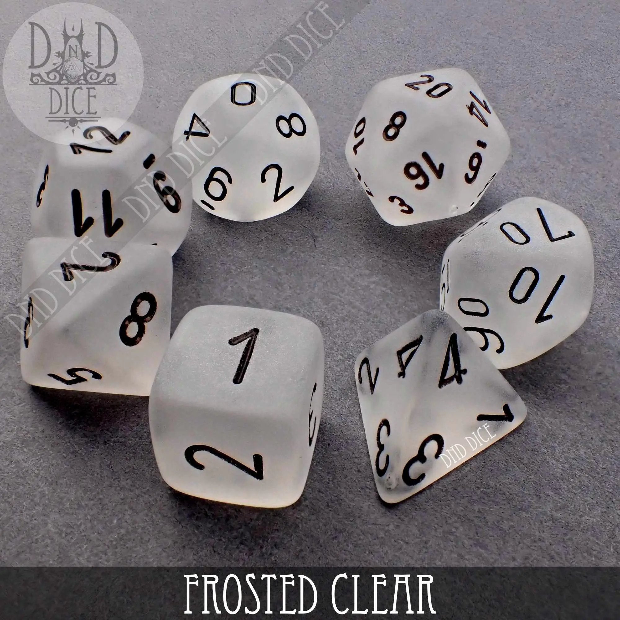 Frosted clear dice set from DNDDICE.COM with six-sided dice for tabletop games and role-playing adventures.