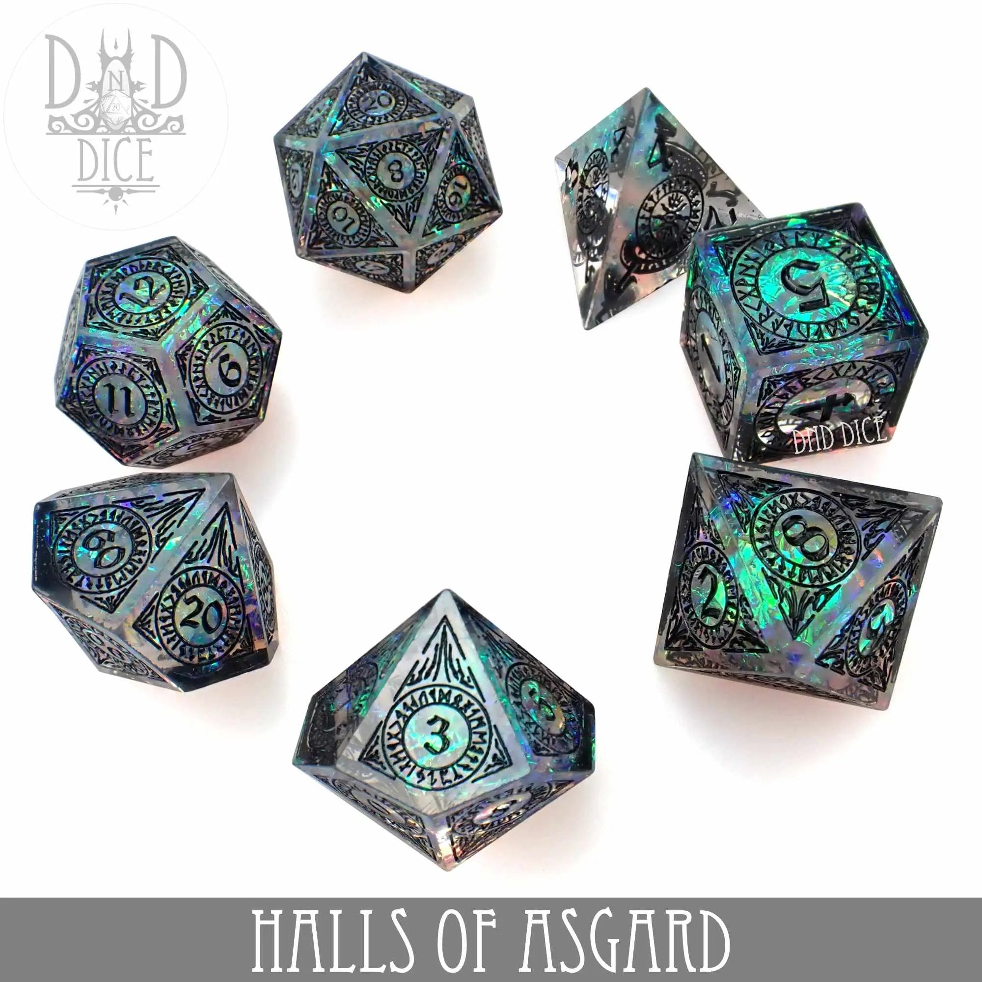 Handmade Halls of Asgard dice set with intricately designed metal dice featuring Norse-inspired engravings, crafted by DNDDICE.COM.