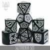 Green and silver Harry Potter Slytherin dice set with intricate designs from DNDDICE.COM, perfect for gaming and collection.