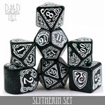 Green and silver Harry Potter Slytherin dice set with intricate designs from DNDDICE.COM, perfect for gaming and collection.