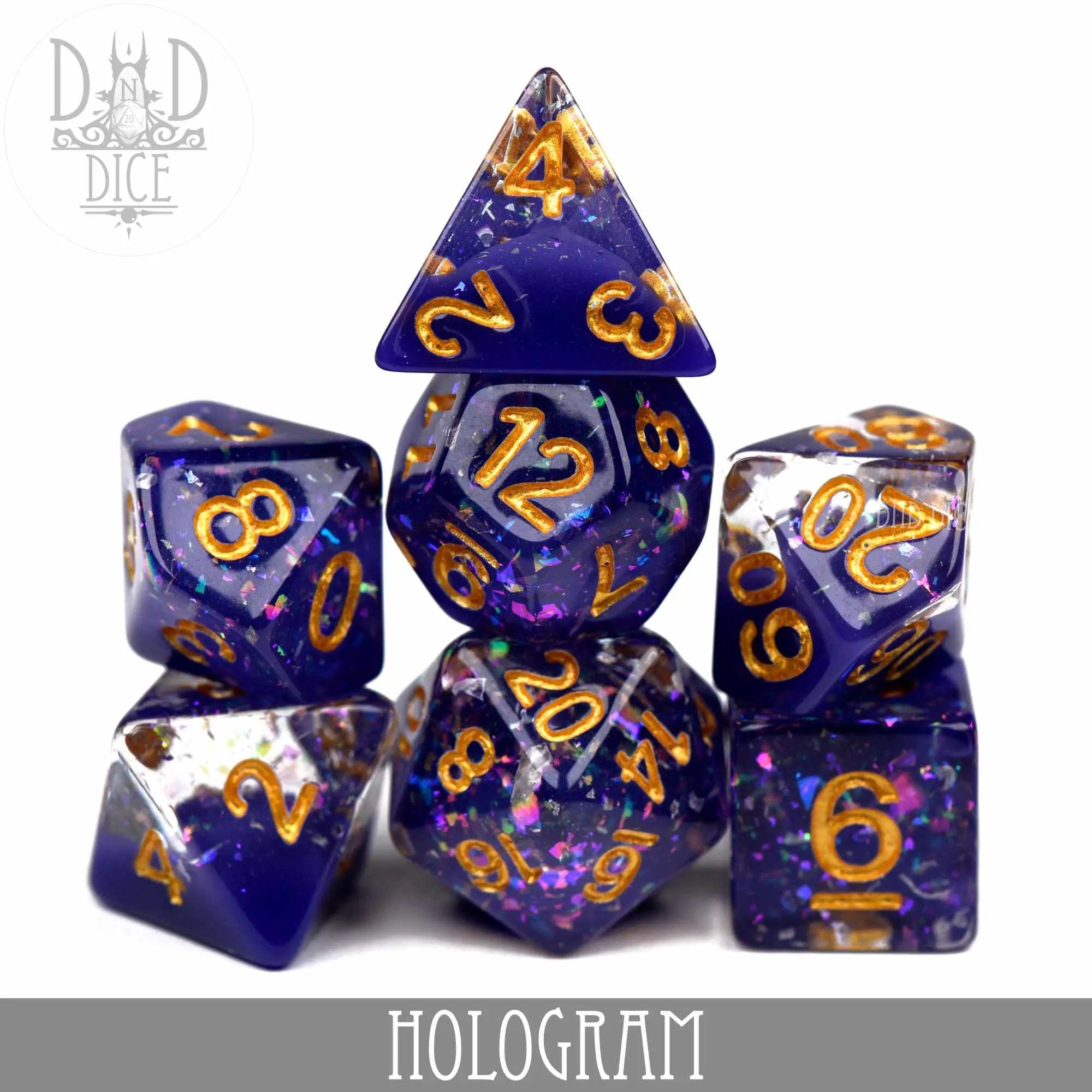 Hologram dice set with multicolored shimmering surfaces, featuring various polyhedral dice for tabletop games.