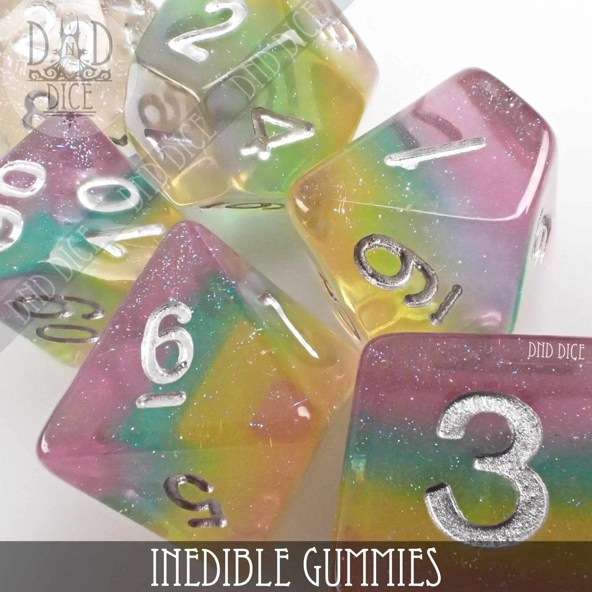 Colorful gummy dice set with edible candy dice in various shapes and vibrant colors, perfect for gaming and novelty treats.