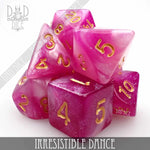 Set of colorful Irresistible Dance Dice from DNDDICE.COM for fun dance games, featuring multiple numbered dice with vibrant designs.