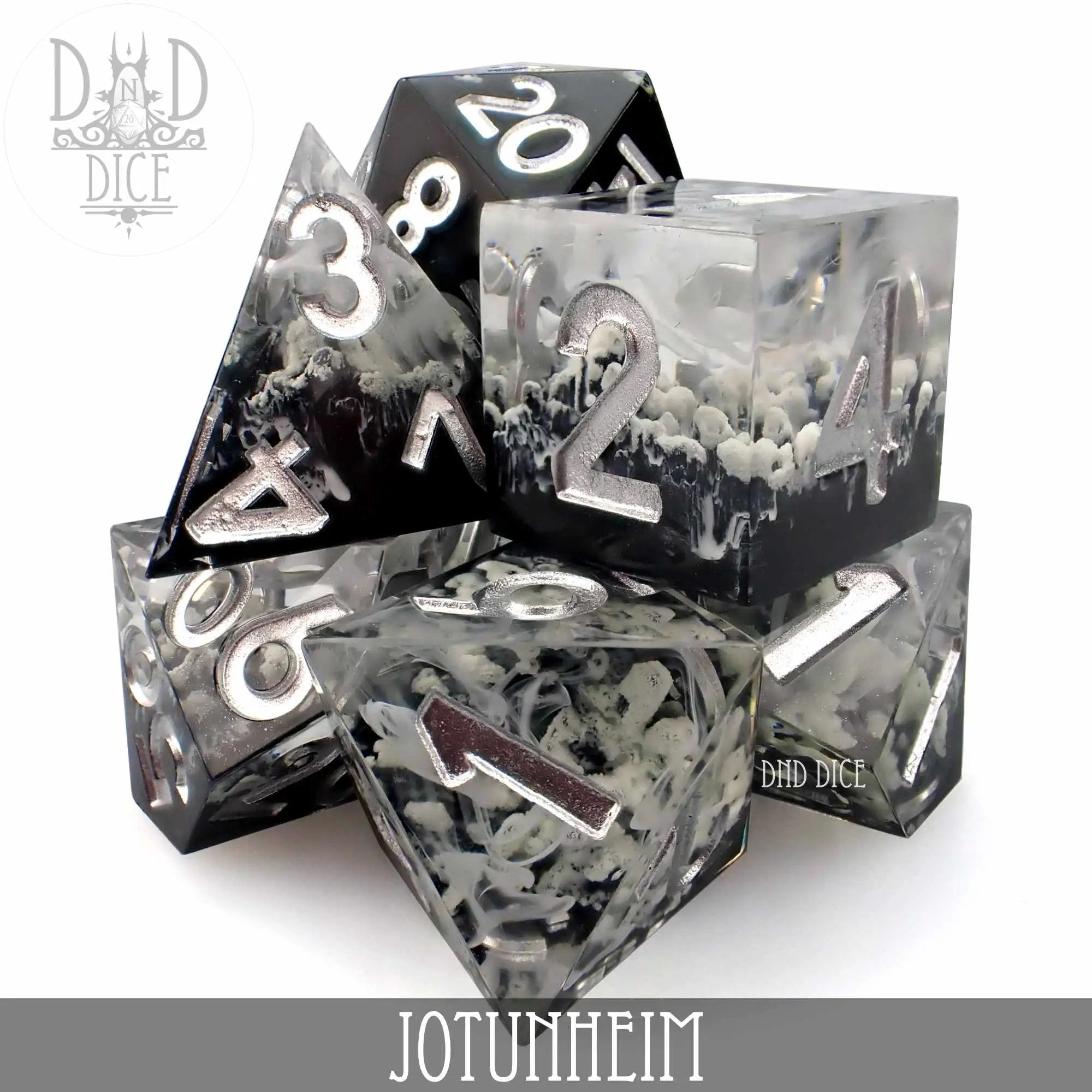 Handmade Jotunheim dice set with colorful polyhedral dice for tabletop gaming, designed by DNDDICE.COM.