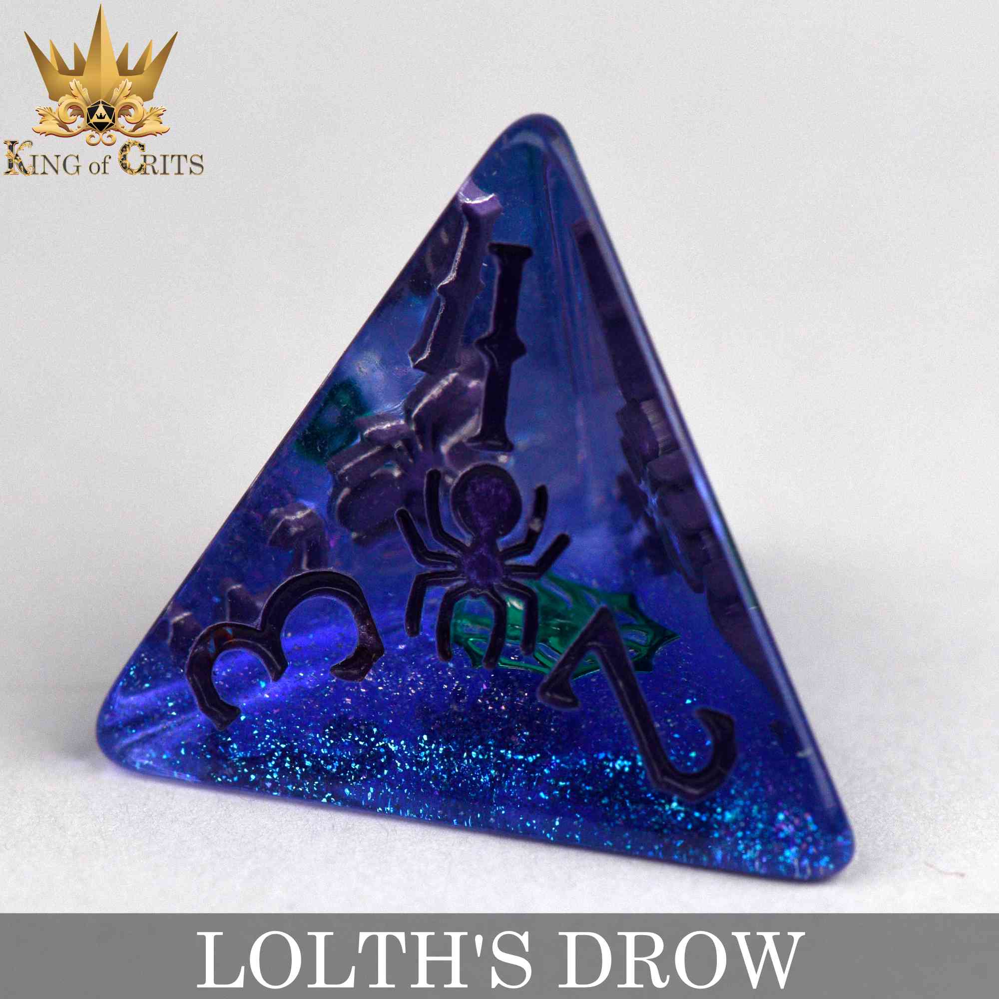 Set of eleven Drow-themed dice from Lolth's Drow collection, featuring intricate designs in various colors for tabletop gaming.
