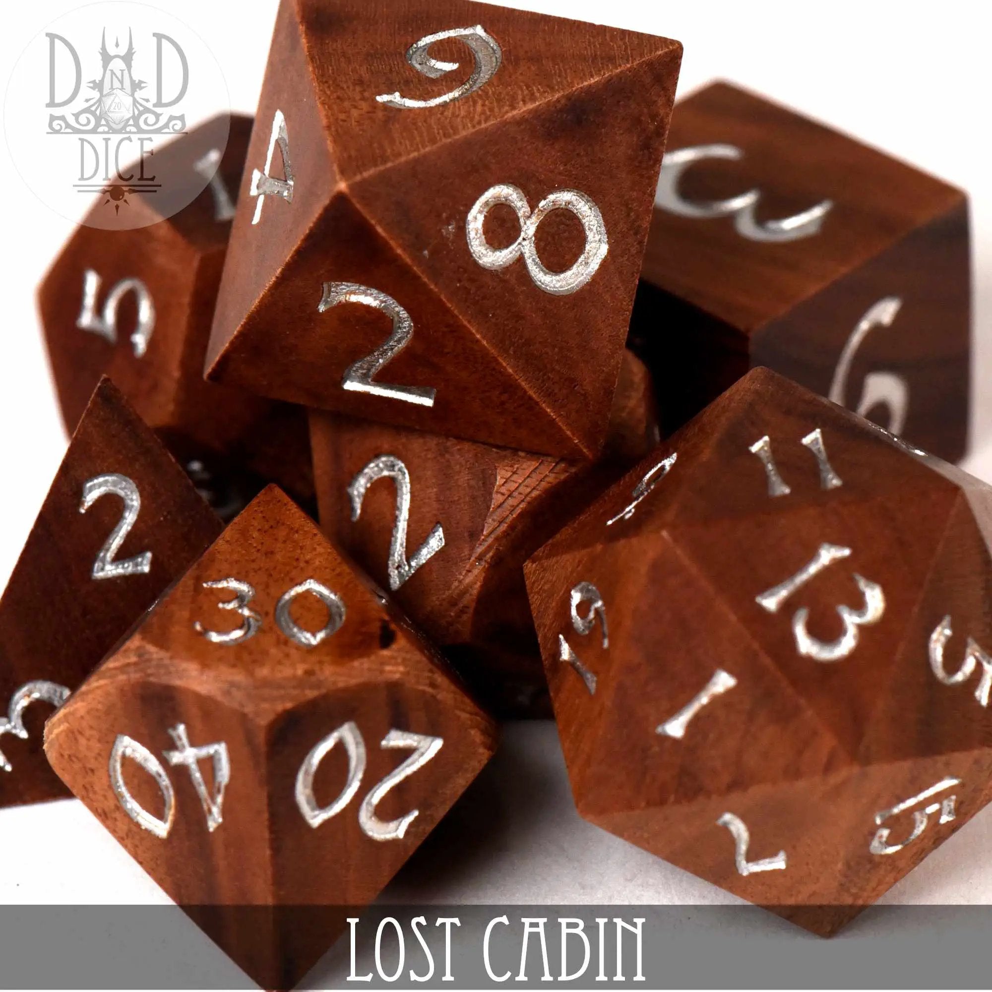 Lost Cabin wood dice set in a gift box, featuring handcrafted wooden gaming dice from DNDDICE.COM.