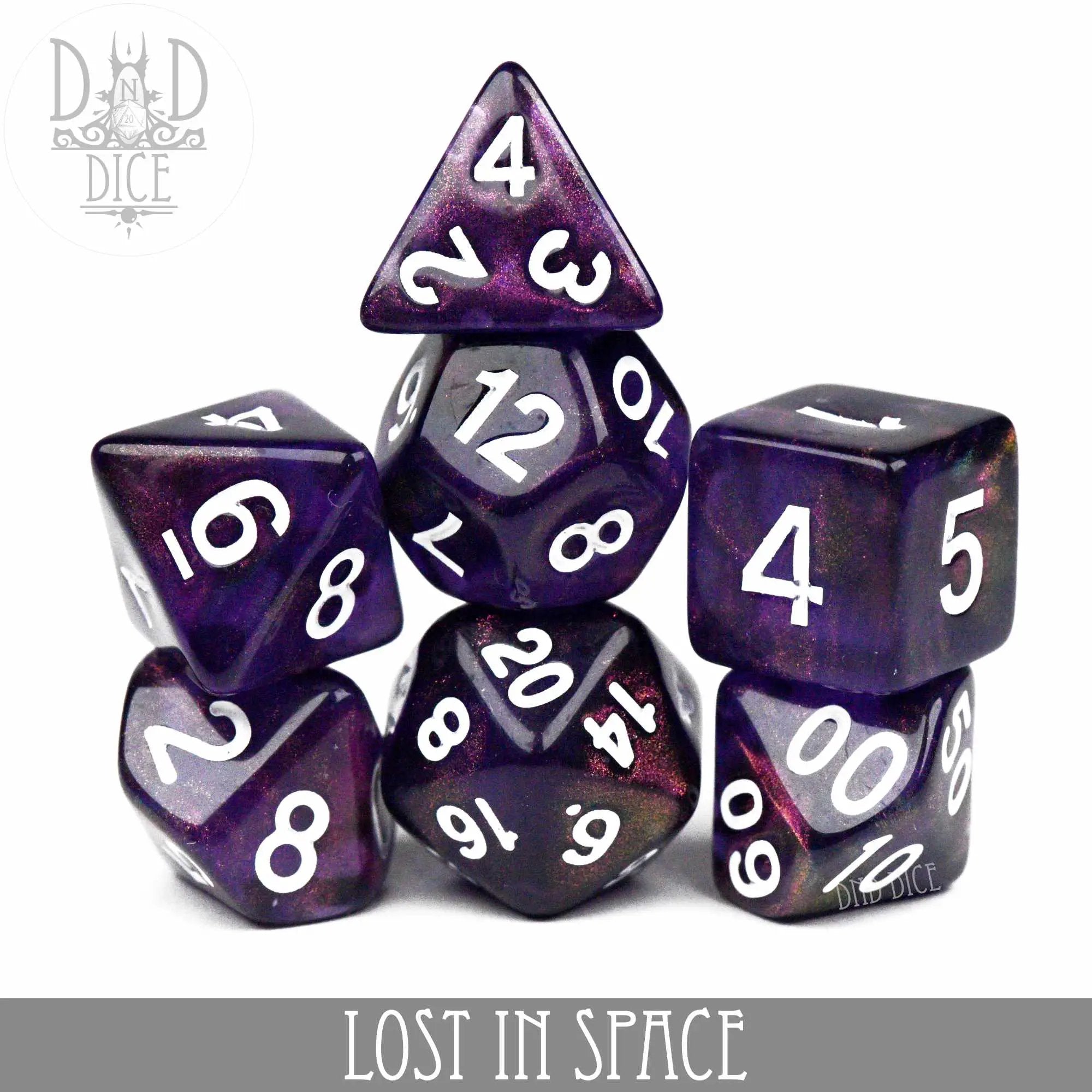 Lost in Space themed dice set from DNDDICE.COM, featuring colorful space-inspired polyhedral dice for tabletop gaming.