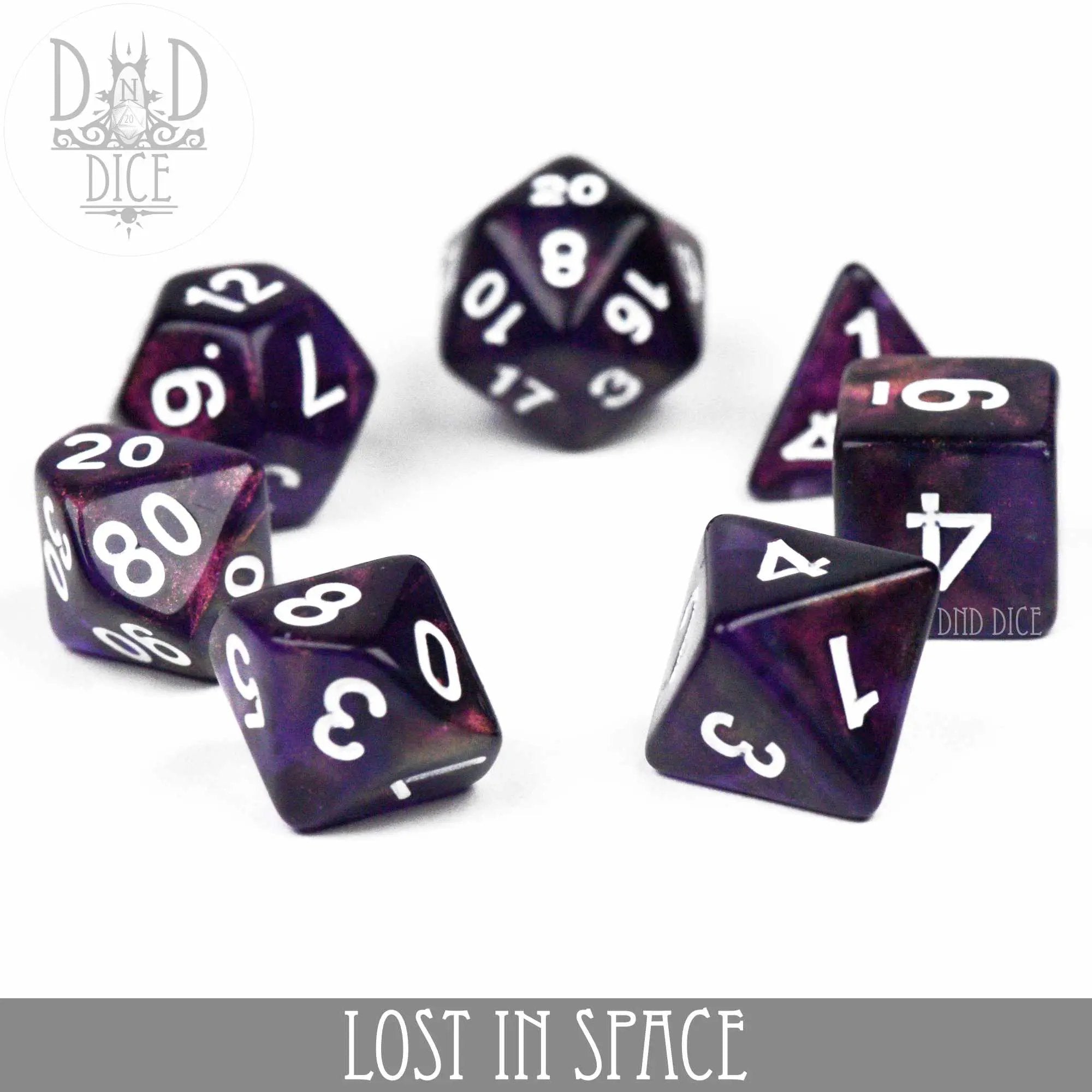 Lost in Space themed dice set featuring various colorful gaming dice for tabletop role-playing games and board games.