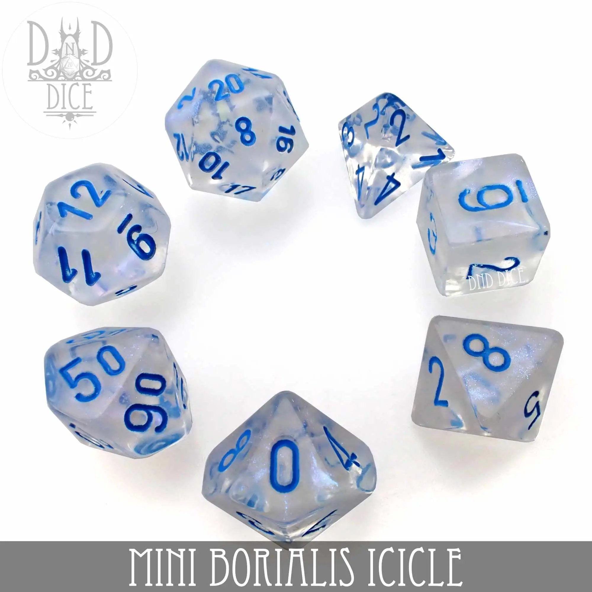 Mini Borialis Icicle 10mm dice set by DNDDICE.COM featuring clear, icy blue dice for tabletop gaming and role-playing games.