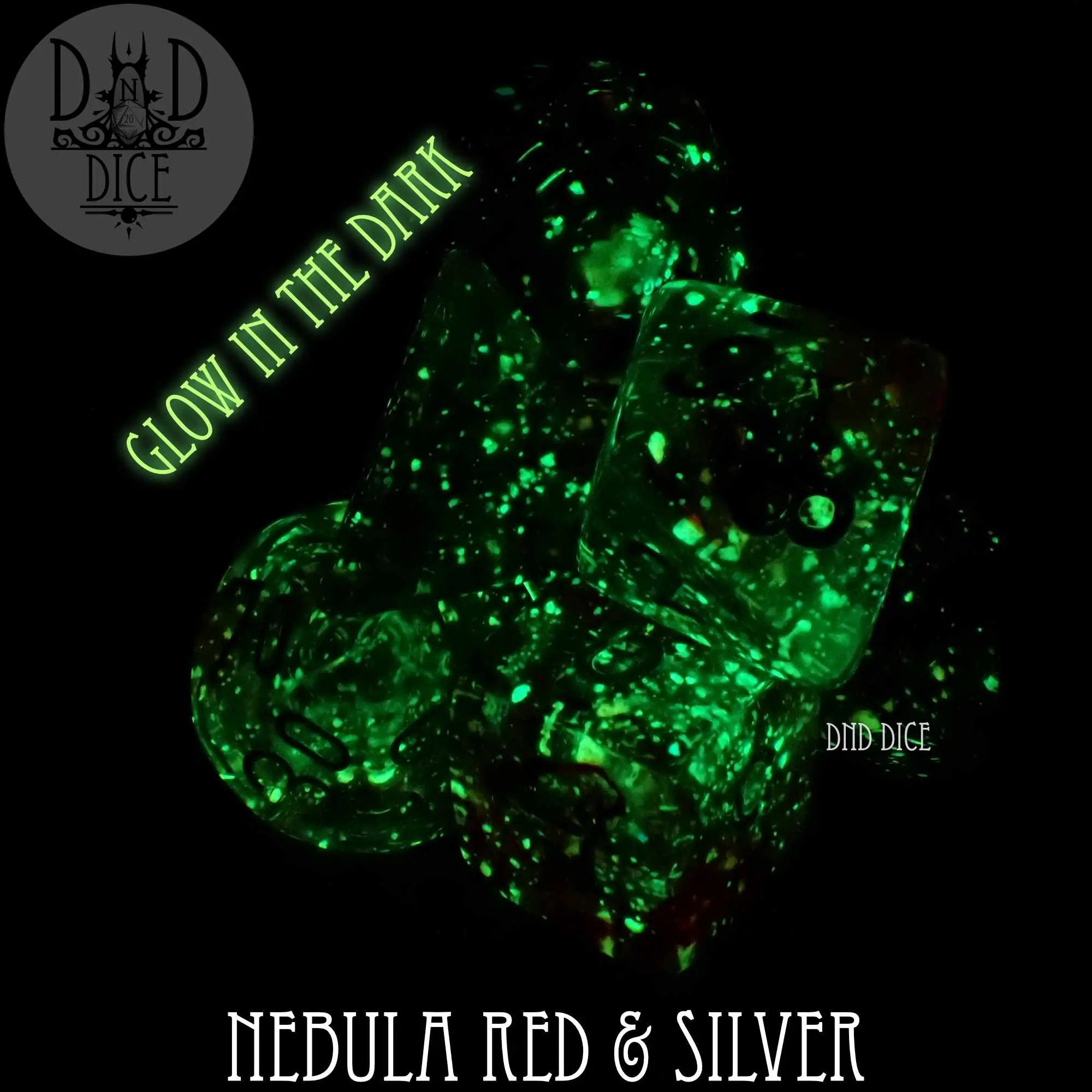 Red and silver glow-in-the-dark dice set from DNDDICE.COM featuring cosmic nebula design for tabletop gaming.