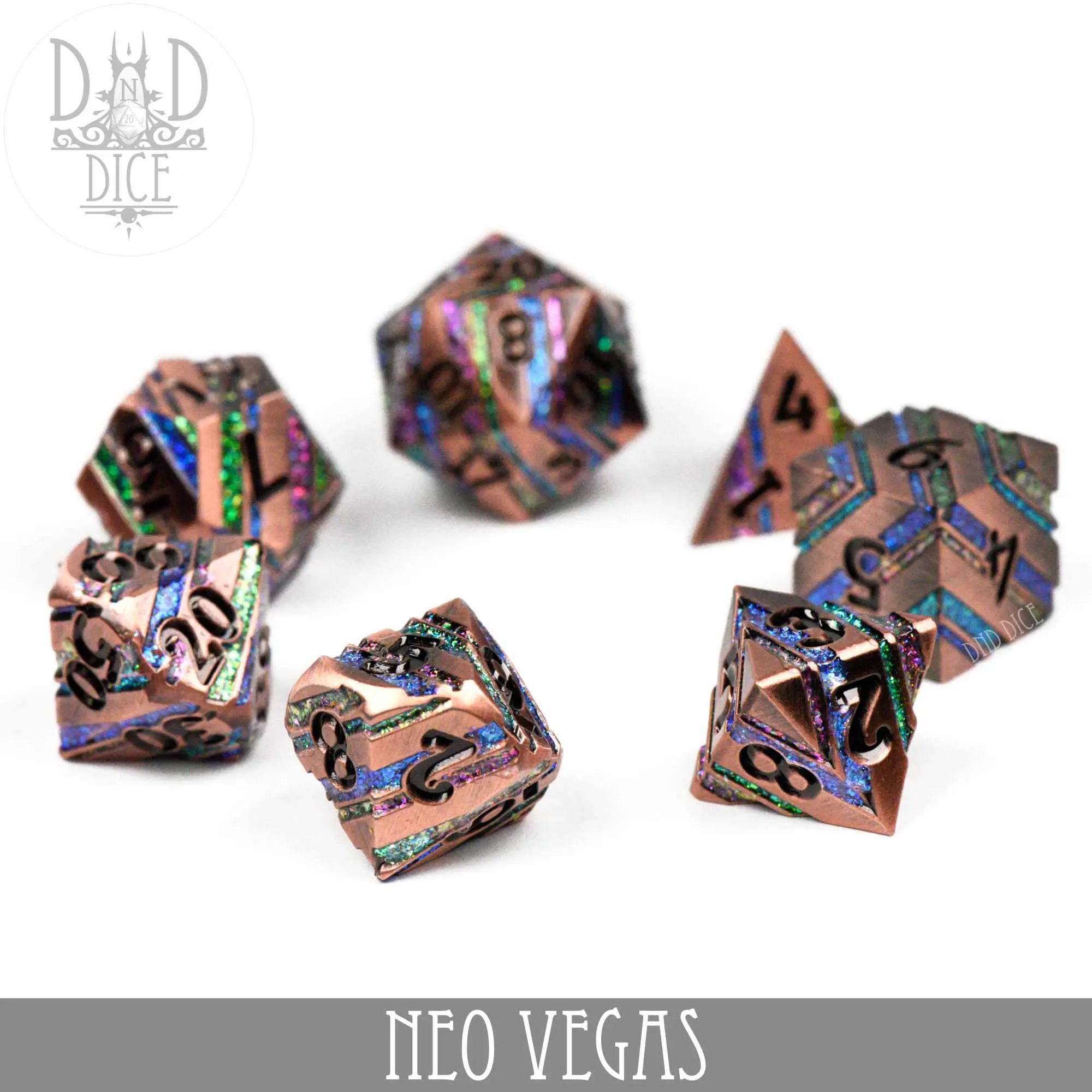 Metal dice set with neon Vegas design showing six colorful dice on a dark background, perfect for tabletop games.