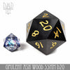 Opulent Ash Wood 50mm D20 dice set in a gift box from DNDDICE.COM, featuring polished, handcrafted gaming dice.