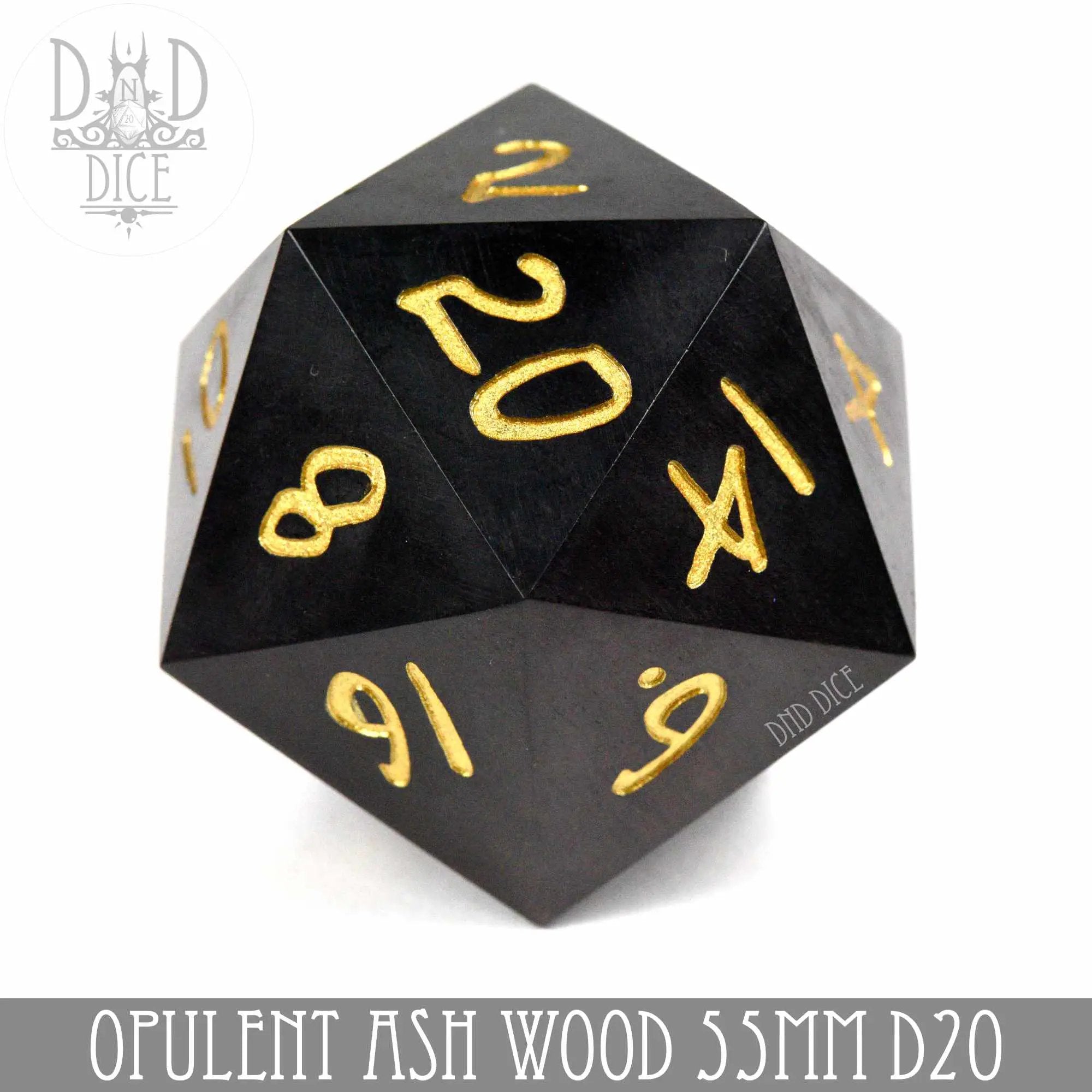 Opulent Ash Wood 50mm D20 dice set by DNDDICE.COM in a gift box, showcasing polished wooden game dice for tabletop gaming.