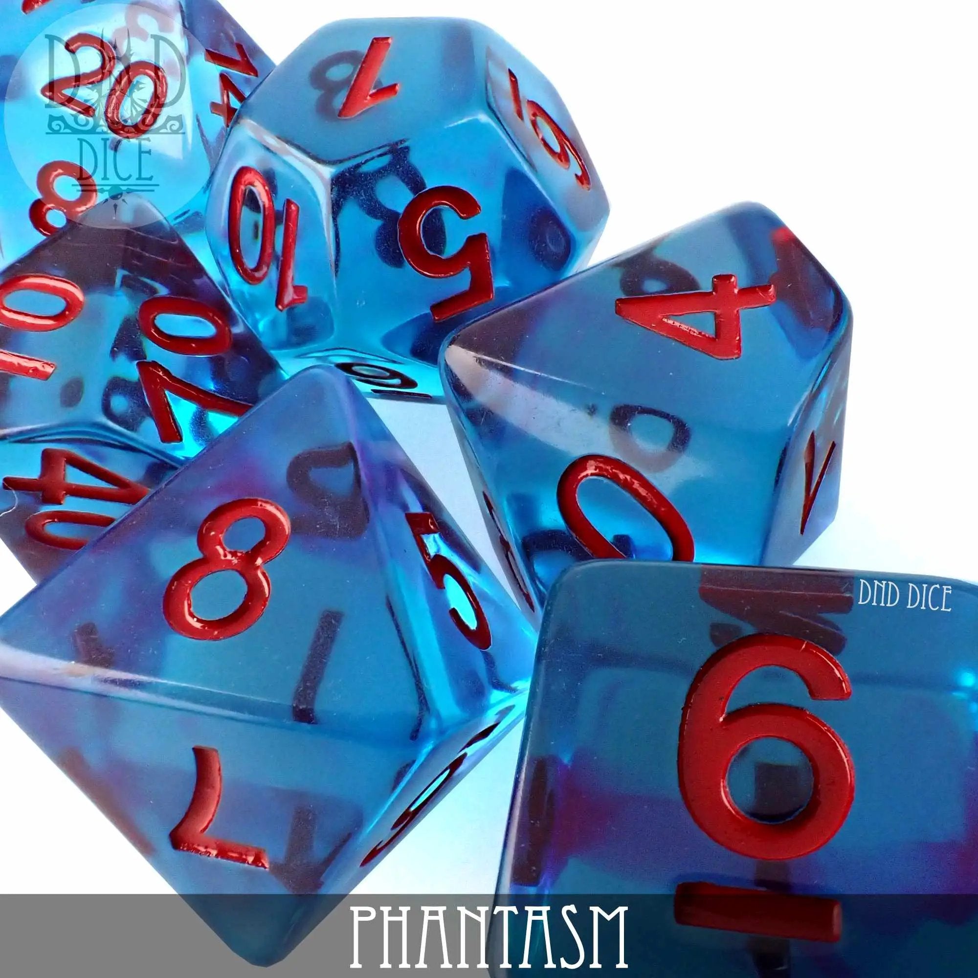 Colorful Phantasm dice set from DNDDICE.COM featuring various polyhedral dice for tabletop gaming and role-playing games.