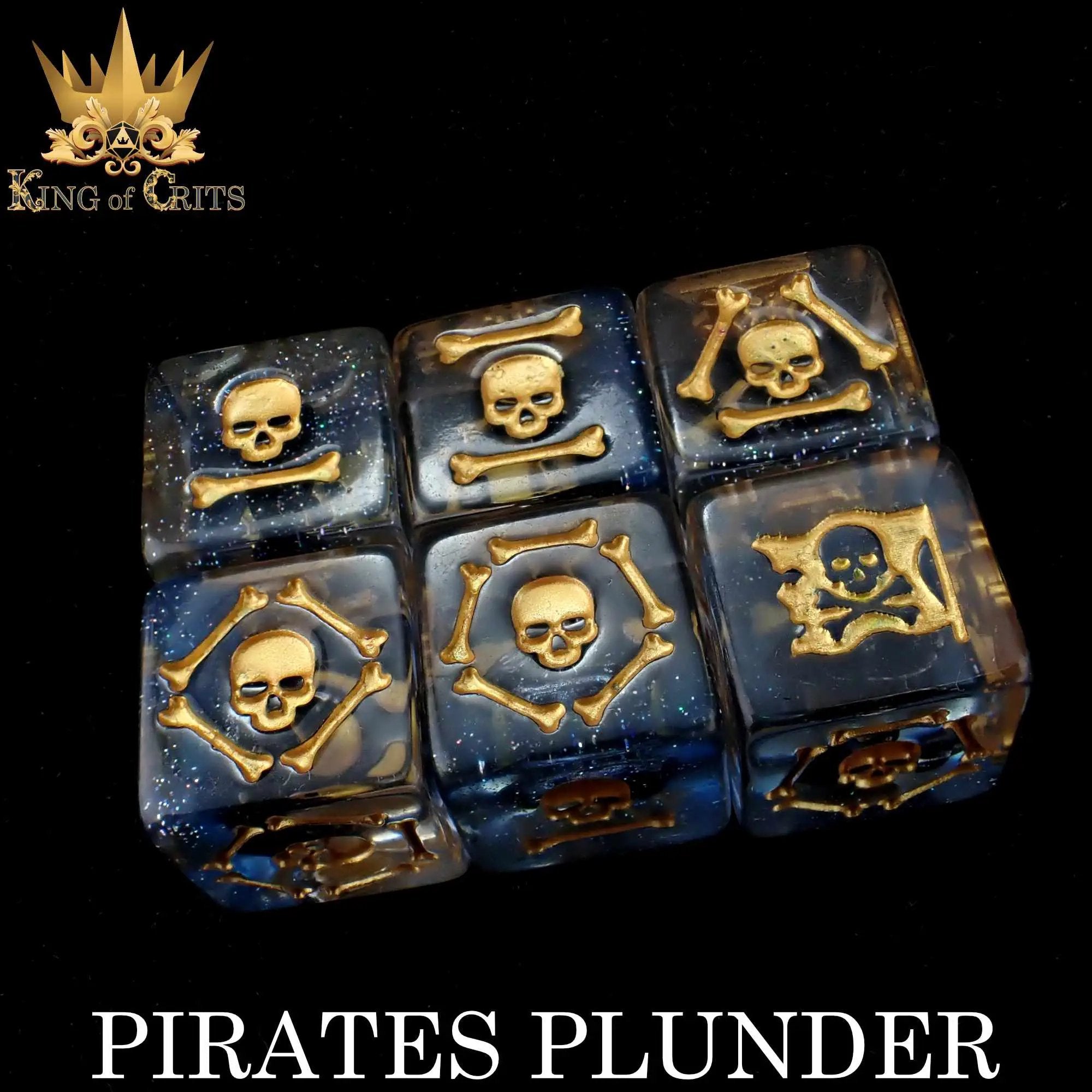Pirates Plunder 11 dice set by DNDDICE.COM featuring gold and black themed gaming dice for tabletop role-playing games.