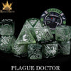 Plague Doctor-themed 11-piece dice set from DNDDICE.COM featuring detailed, themed gaming dice for tabletop RPGs and board games.