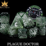 Plague Doctor-themed 11-piece dice set from DNDDICE.COM featuring detailed, themed gaming dice for tabletop RPGs and board games.