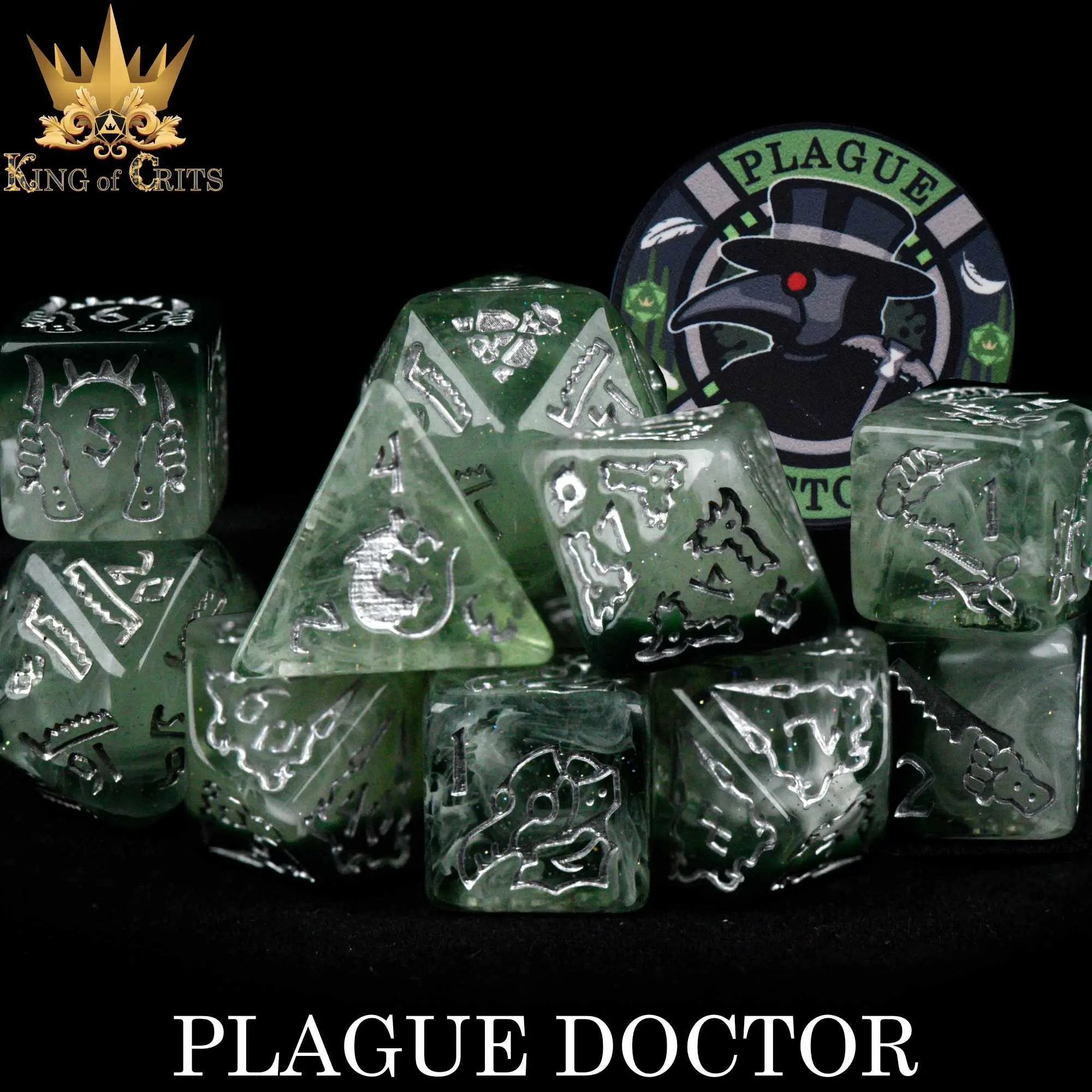 Plague Doctor-themed 11-piece dice set from DNDDICE.COM featuring detailed, themed gaming dice for tabletop RPGs and board games.
