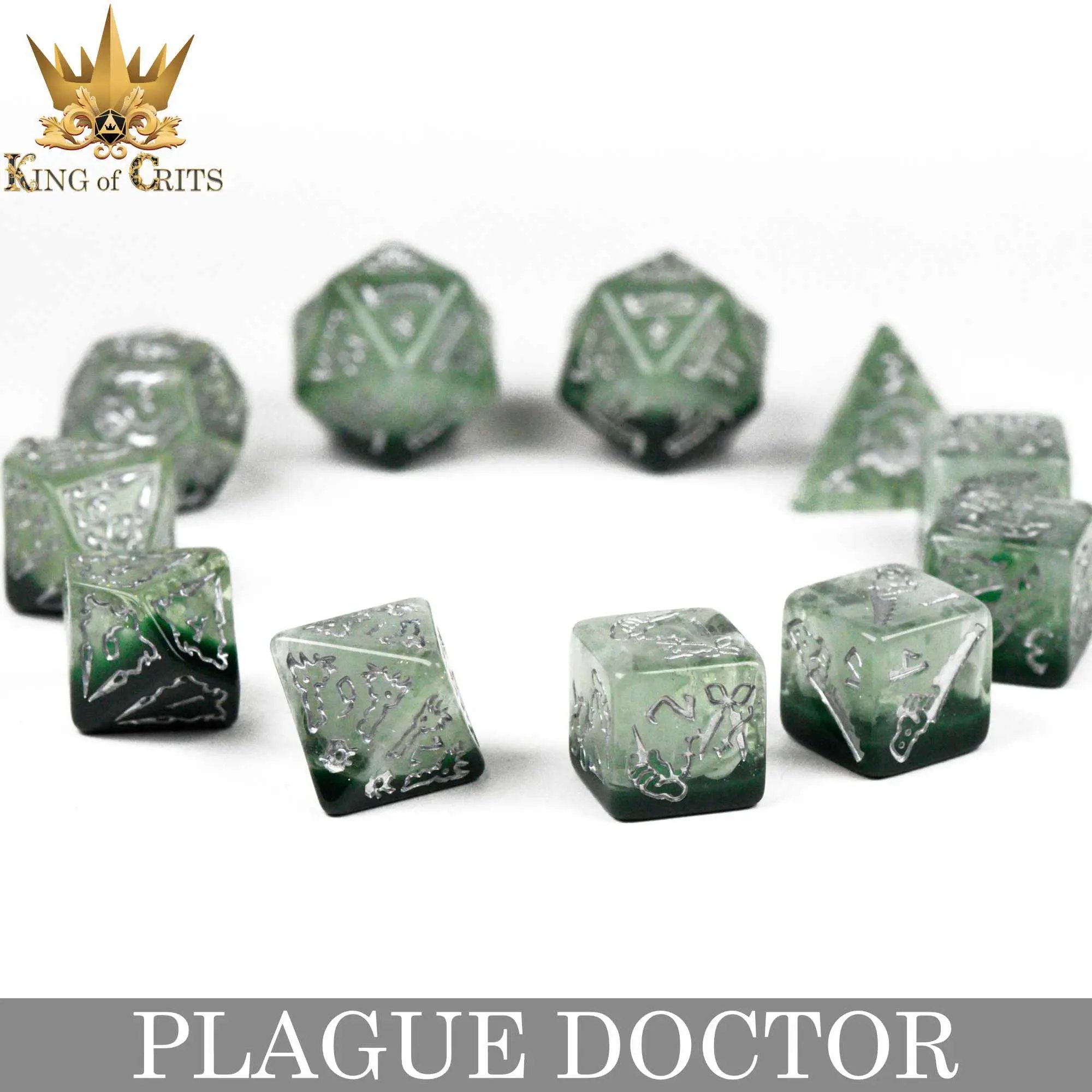 Plague Doctor themed 11-piece dice set by DNDDICE.COM featuring intricately designed gaming dice for tabletop role-playing games