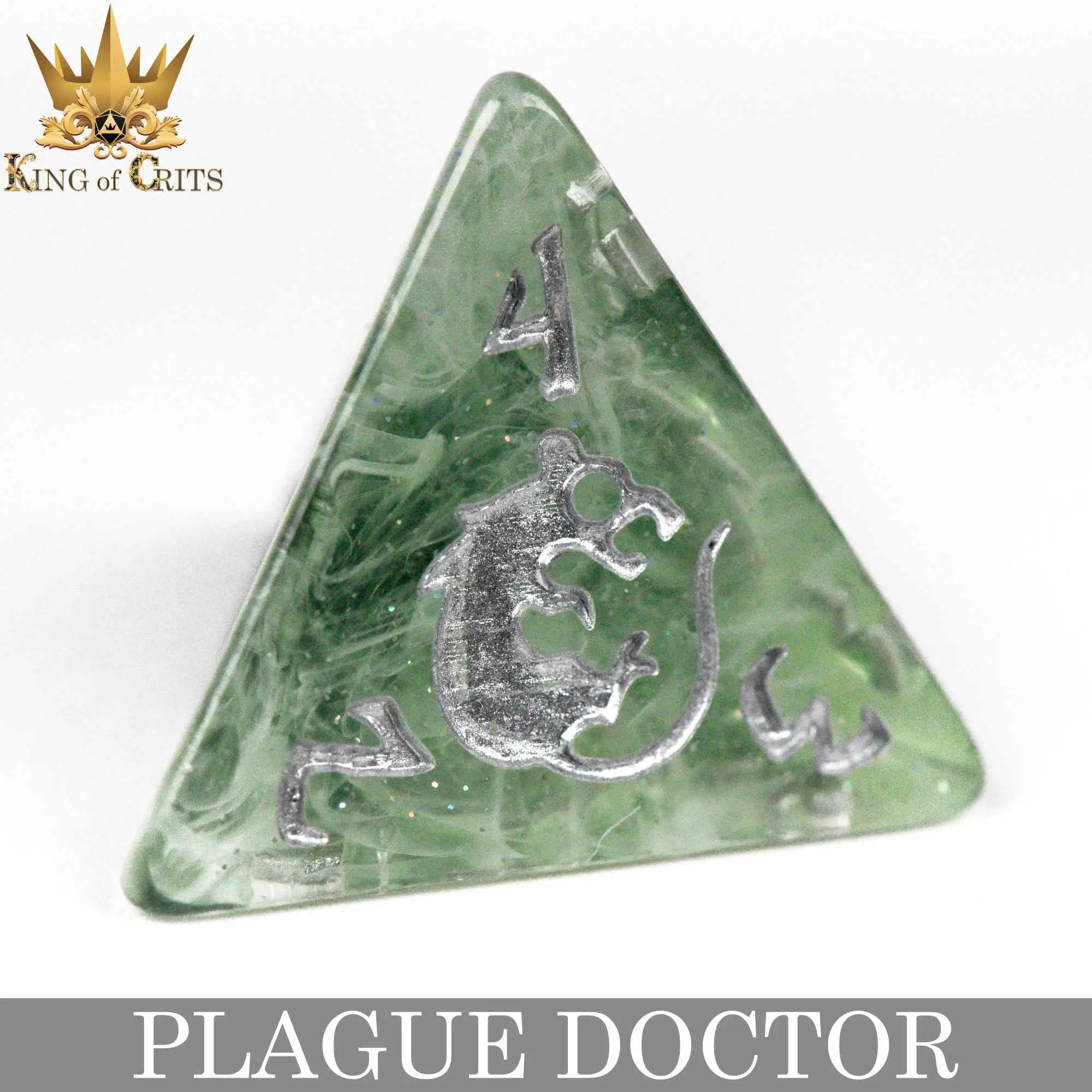 Plague Doctor themed 11-piece dice set for tabletop games, featuring detailed designs and various numbered dice by DNDDICE.COM.