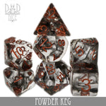 Colorful Powder Keg Dice Set by DNDDICE.COM featuring vibrant polyhedral dice for tabletop gaming and role-playing games.