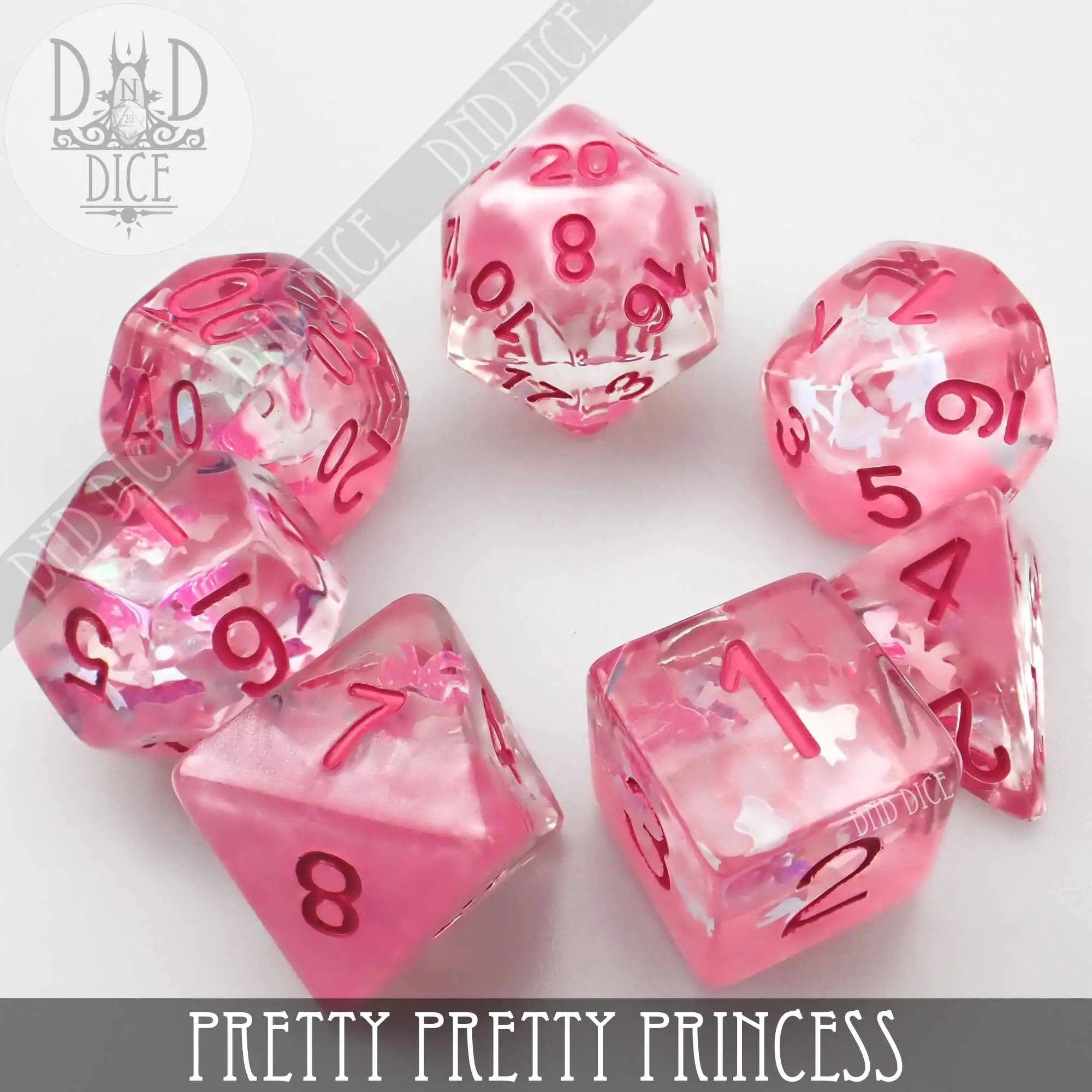 Pretty Pretty Princess dice set from DNDDICE.COM featuring colorful, themed game dice for fun princess-themed gameplay.