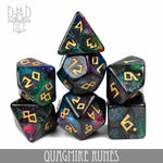 Set of Quagmire Runes Dice from DNDDICE.COM featuring intricately carved rune symbols on colorful dice for gaming and divination.