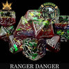 Colorful set of 11 Ranger Danger dice from DNDDICE.COM, featuring various shapes and sizes for tabletop gaming.