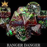 Colorful set of 11 Ranger Danger dice from DNDDICE.COM, featuring various shapes and sizes for tabletop gaming.